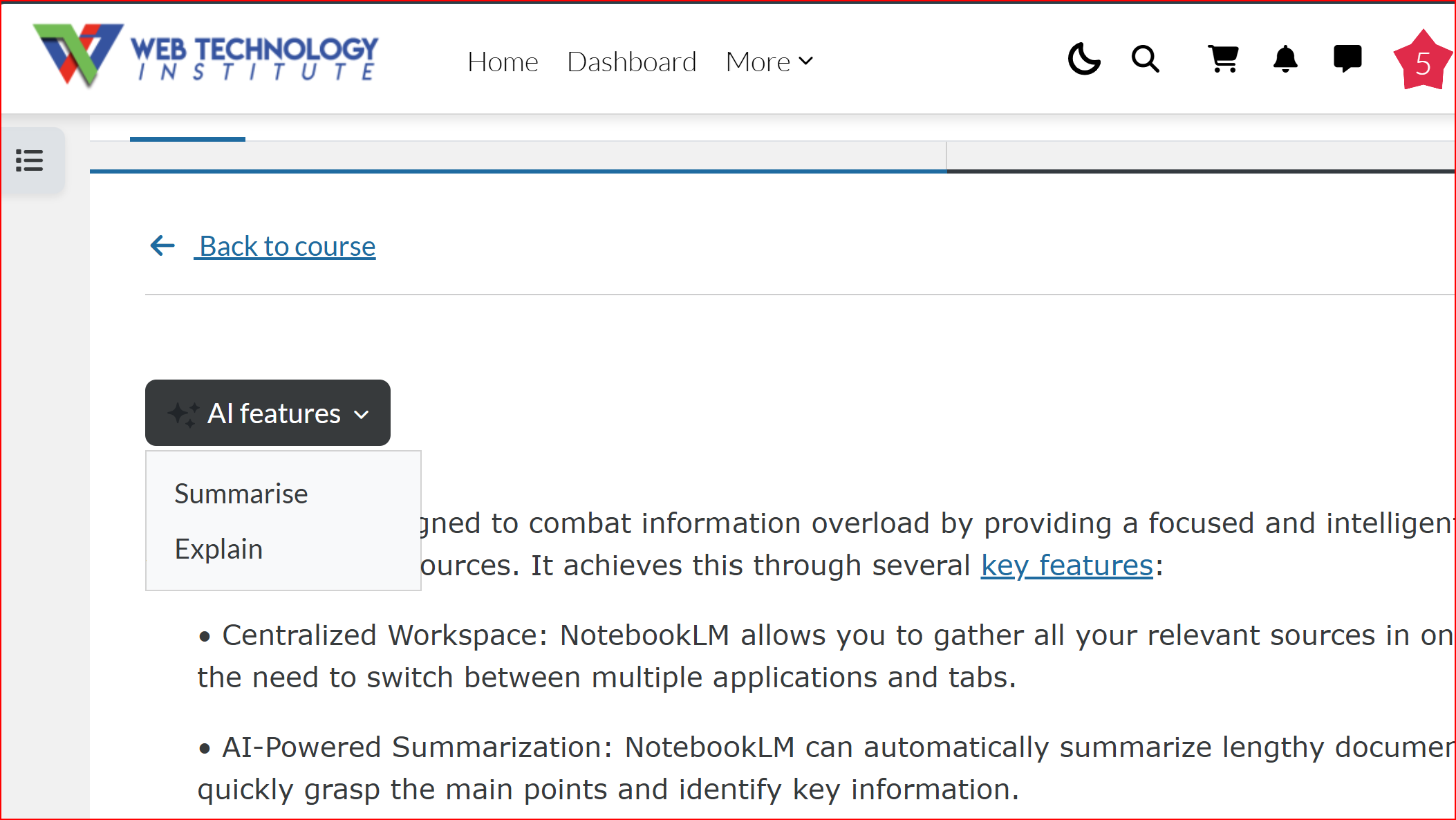 Screenshot of an AI features menu inside a lesson page with Summarise and Explain options