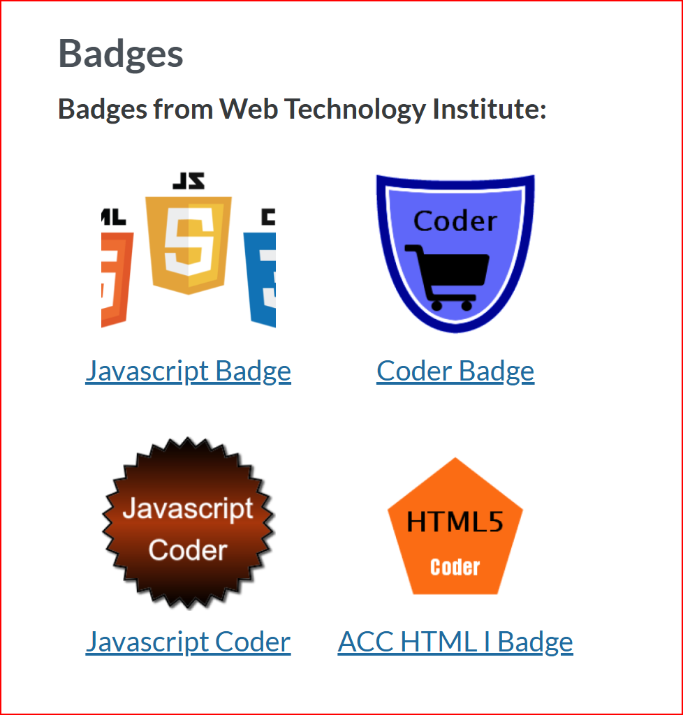 Screenshot of a badges page showing JavaScript, Coder, and HTML5 badges earned in the course