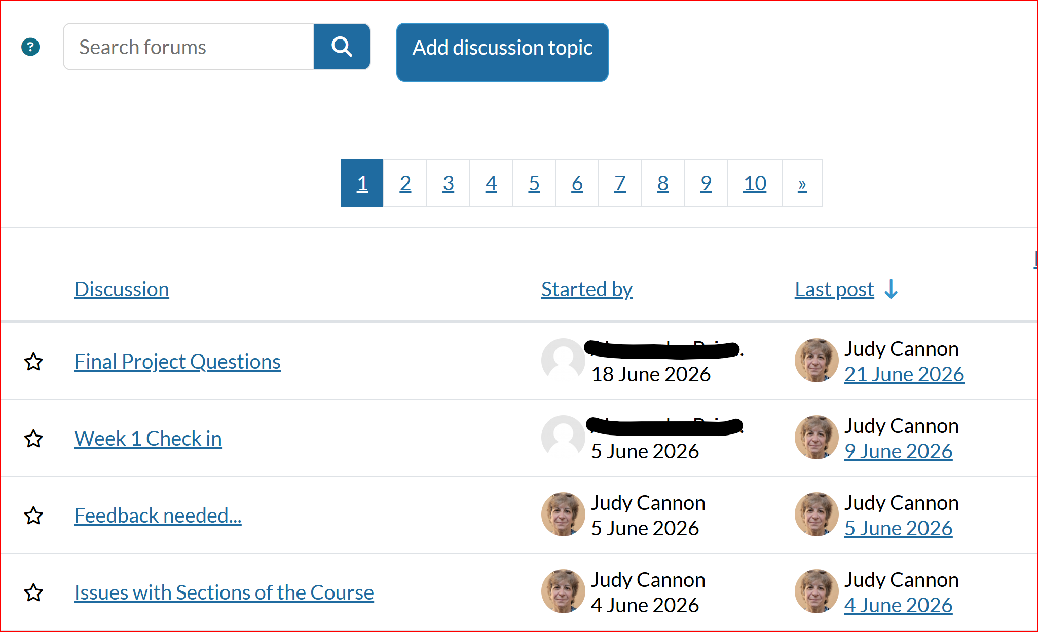 Screenshot of a class discussion forum with a list of student discussion topics