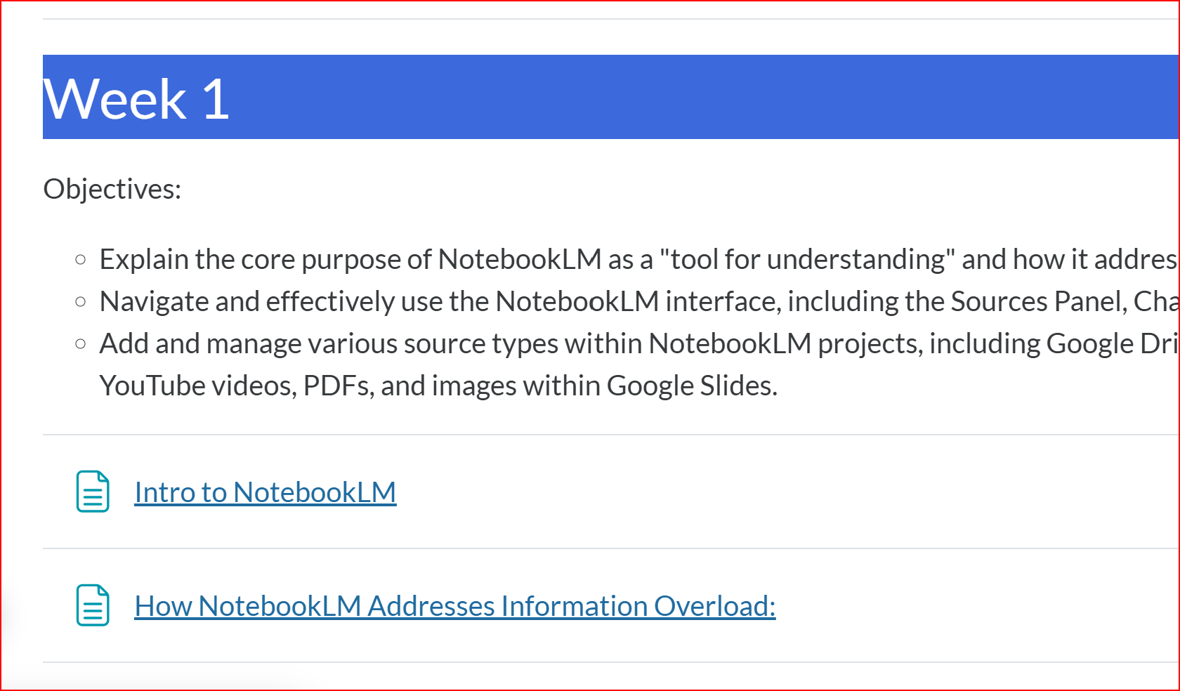 Screenshot of a Week 1 objectives page listing learning goals and linked lessons