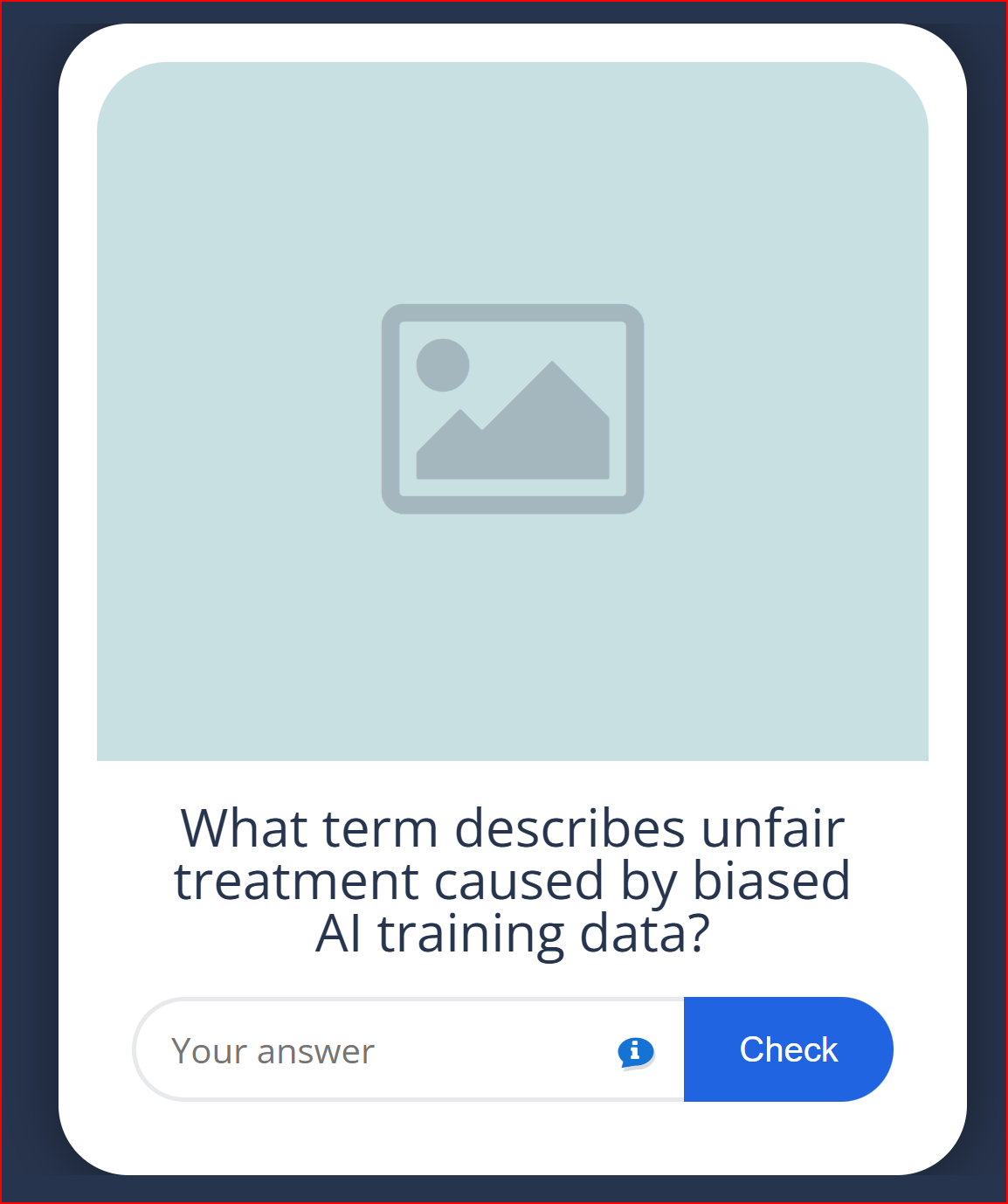 Screenshot of a flashcard-style quiz card asking a question about AI training data bias
