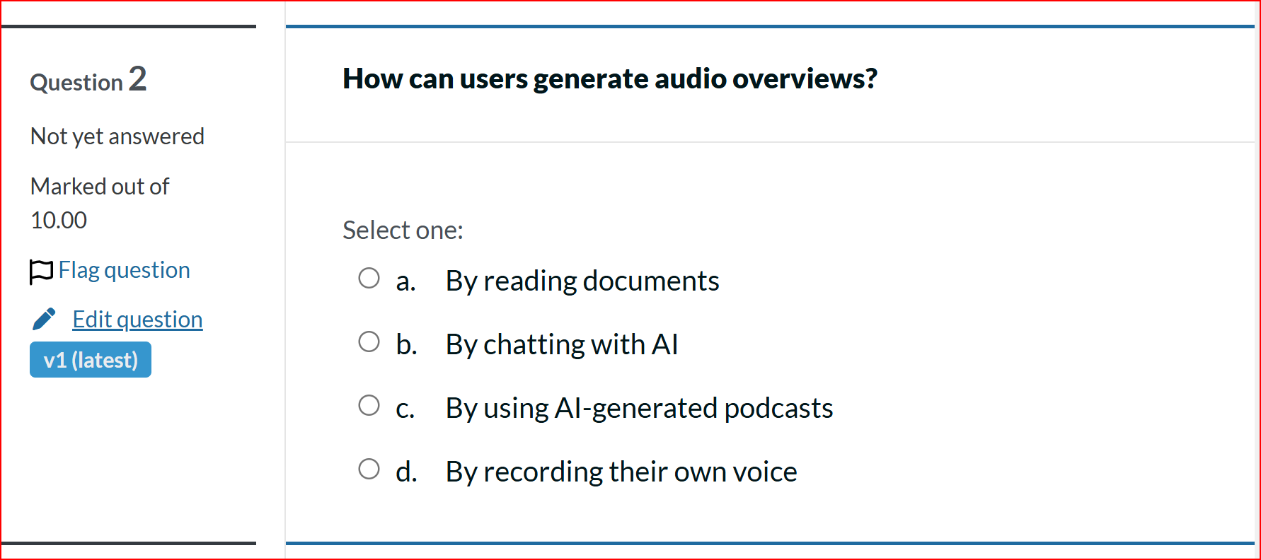 Screenshot of a graded multiple-choice quiz question about AI audio overviews