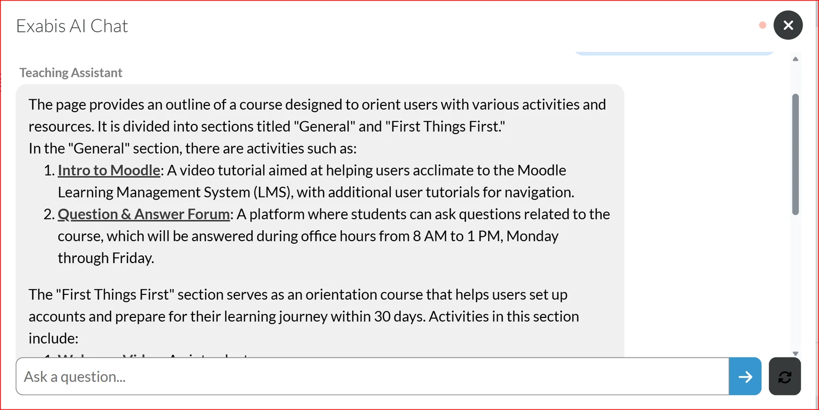 Screenshot of an AI teaching assistant chatbot inside a course